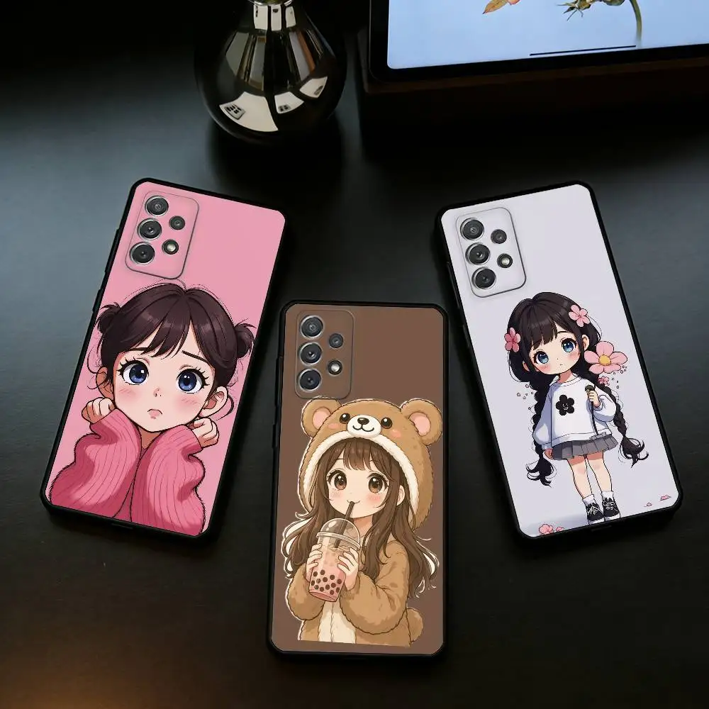 Cartoon Girl Pattern  Phone Case For Samsung Galaxy A73,A72,A71,A70,A53,A52,A51,Soft Silicone Black Cover