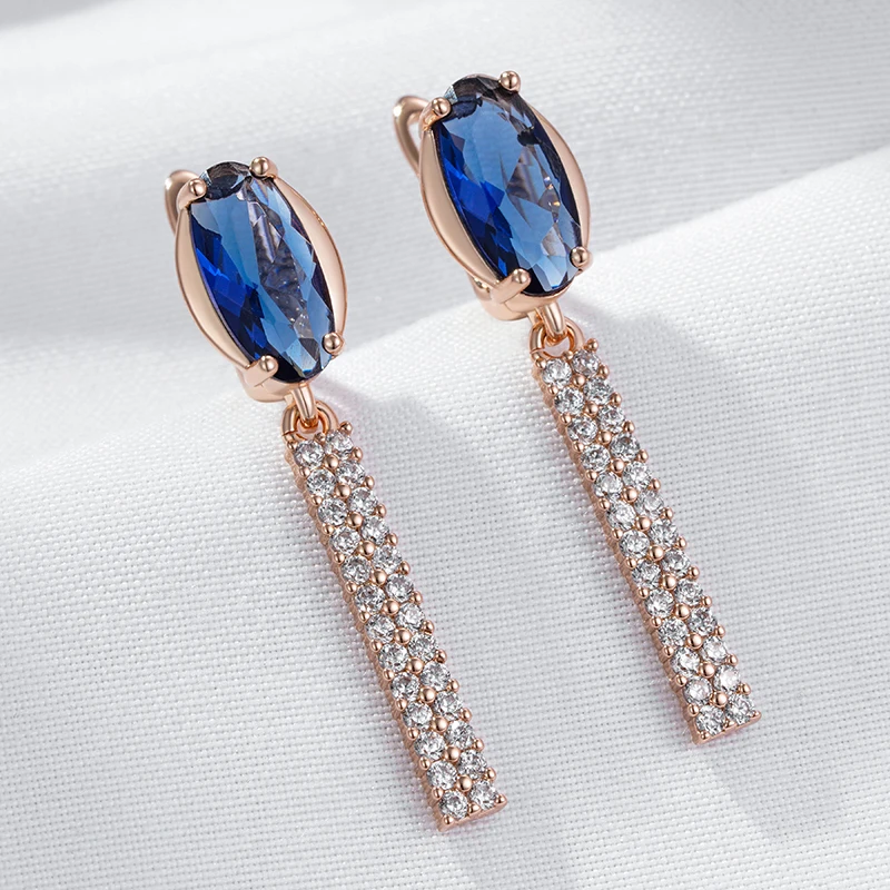 Kinel Luxury Oval Blue Natural Zircon Long Earring For Women Fashion 585 Rose Gold Wedding High Quality Party Fine Jewelry