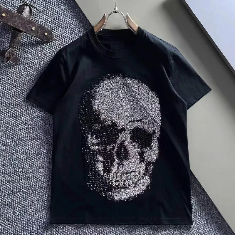 Alex Plein Skulls Rhinestones Crystal Streetwear Men\'s Fashion Clothing Crew Neck 2023 Summer Short Sleeve Couple Cotton Tshirt