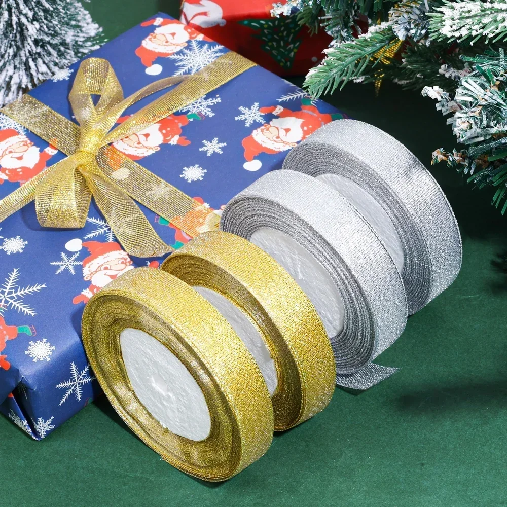 22.5 Meters Gold Silver Glitter Ribbon Wedding Gift Wrapping Crafts Supplies Christmas Decoration Organza Shiny DIY Ribbon