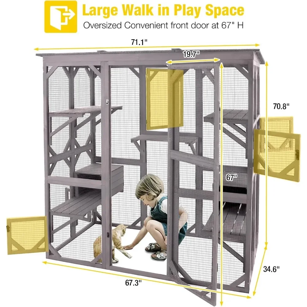 Cat House Outdoor Catio Kitty Enclosure with Super Large Enter Door, Wooden Cat Cage Condo Indoor Playpen with Platforms & Small