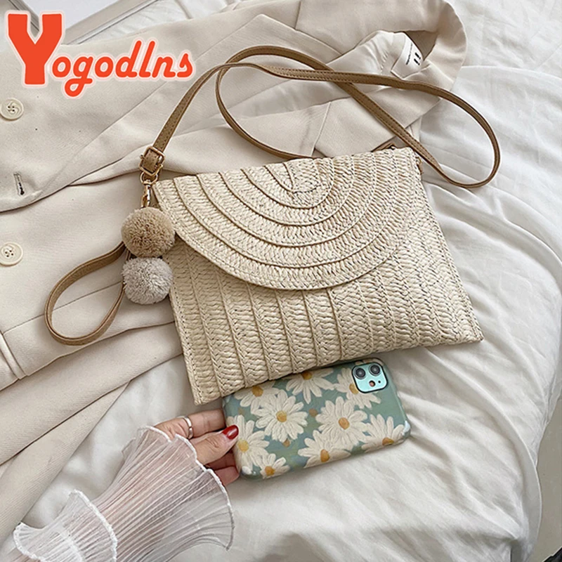 Yogodlns Summer Envelope Straw Bag For Women Fashion New Beach Bag Bohemian Style Shoulder Crossbody Bag Braided Handbag clutch