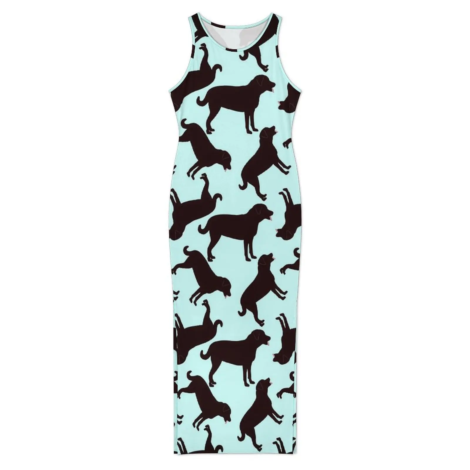 블랙 랩 개 프린트 드레스 민소매 실루엣 클럽 파티 맥시 드레스 여름 스트리트웨어 디자인 Bodycon Dress Large Size