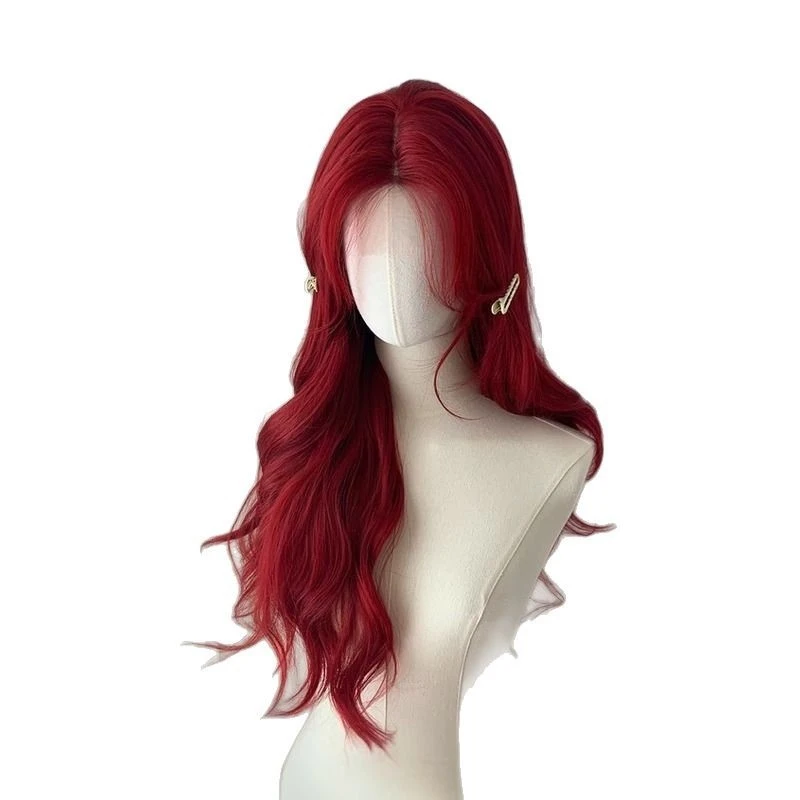 Red lace front wig women, full head cover, large wavy long hair, versatile for cosplay, with bangs