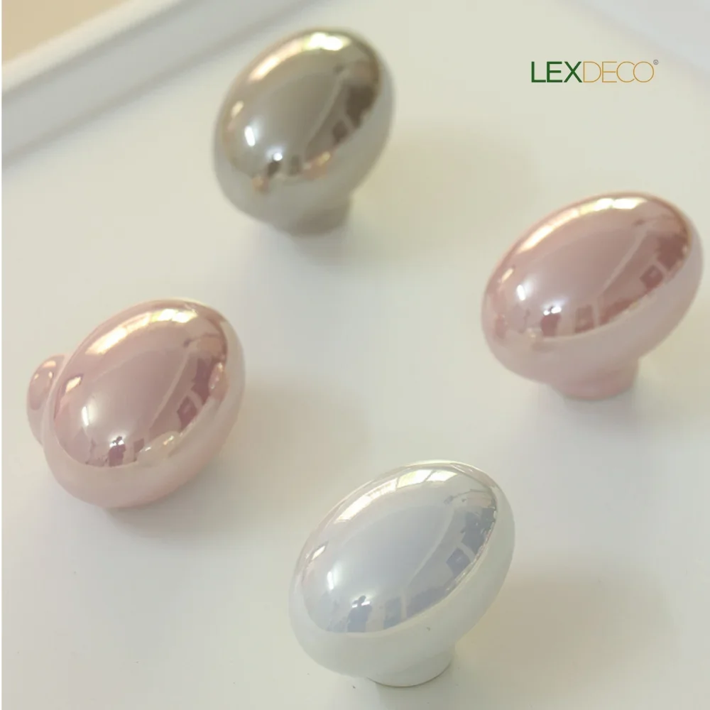 

2 pack Pigeon Egg Cabinet Knobs - Gold-Toned Ceramic Handles in 3 Colors (Pink/White/Grey)-LEXDECO