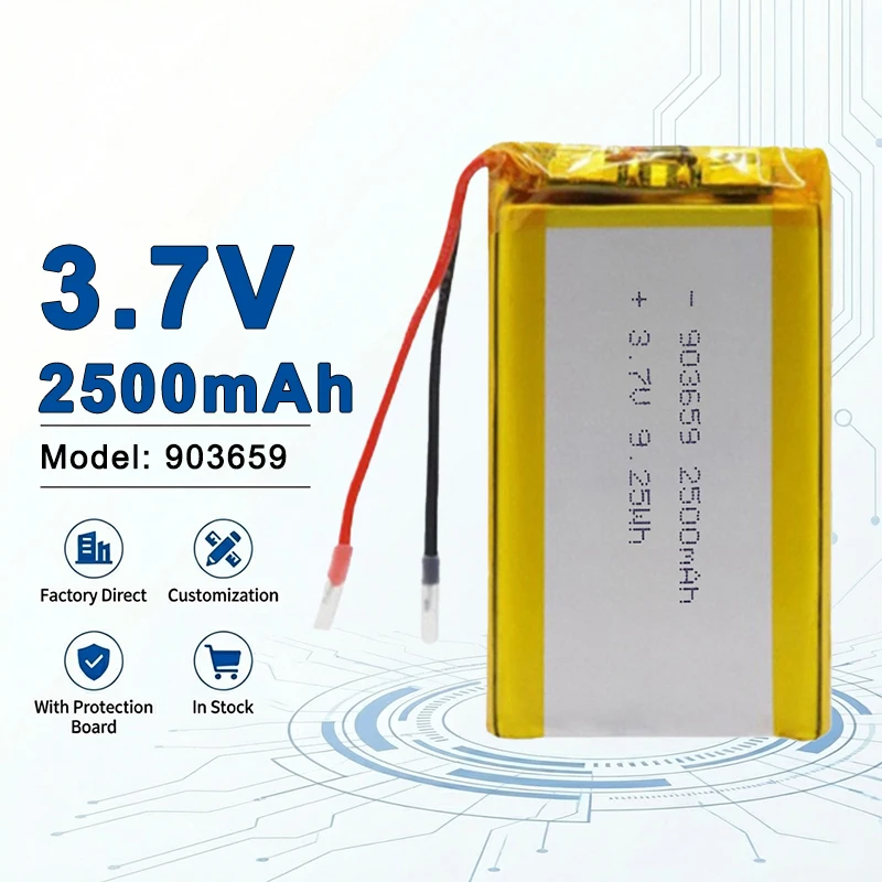 

Аккумулятор литий-полимерный перезаряжаемый 903659 3.7V 2500mAh для промышленных приборов и мобильного цифрового оборудования 104050 655063 755060