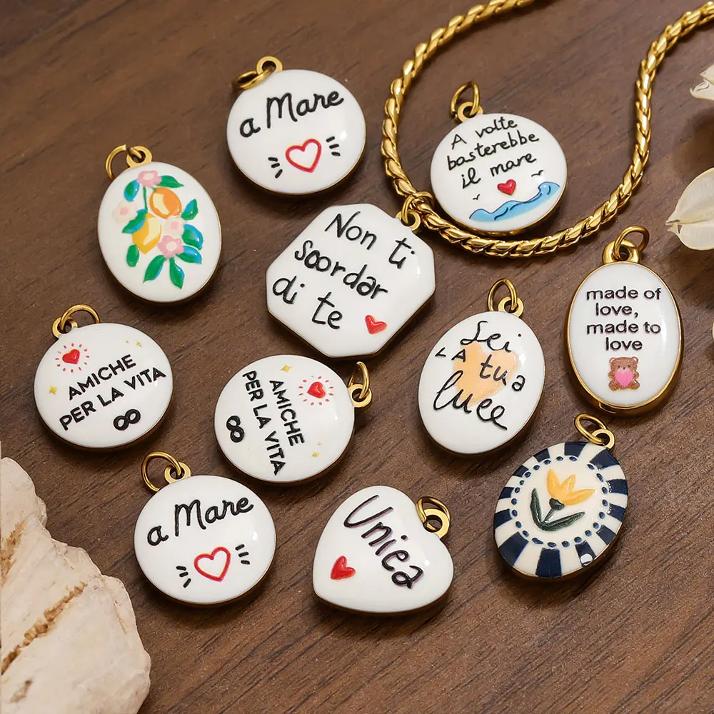 2pcs Stainless Steel Double Sided Print Italian Quote Charms Gold Plated Enamel Pendant for DIY Necklace Earring Jewelry Making