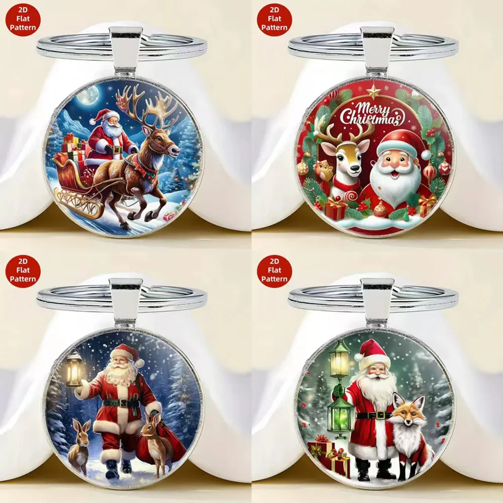 Einzigartiger Weihnachtsanhänger, runder Schlüsselanhänger, Unisex, 2D, flach, Metall, Glas, Weihnachtsmann, Hirsch, Schlüssel, hängendes Schmuckstück, Paar, Freunde, Schlüsselanhänger