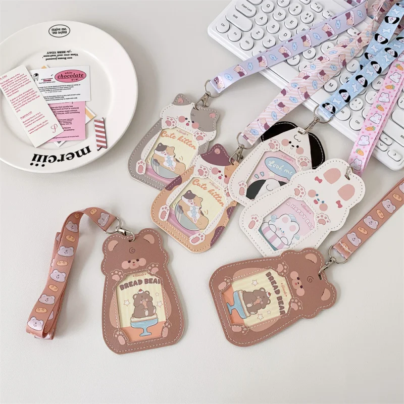 1pc PU Leather Card Holder With Lanyard，Anti-Lost Work ID Card Student Card Campus Card Transportation Card  Protective Cover