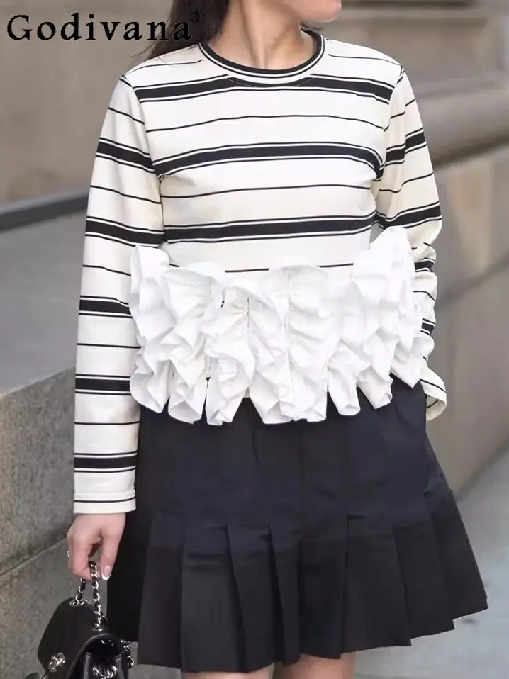 

Женская футболка с длинным рукавом в японском стиле, в полоску, с круглым вырезом, весна-осень 2026: модный дизайн, омолаживающий эффект, универсальный топ