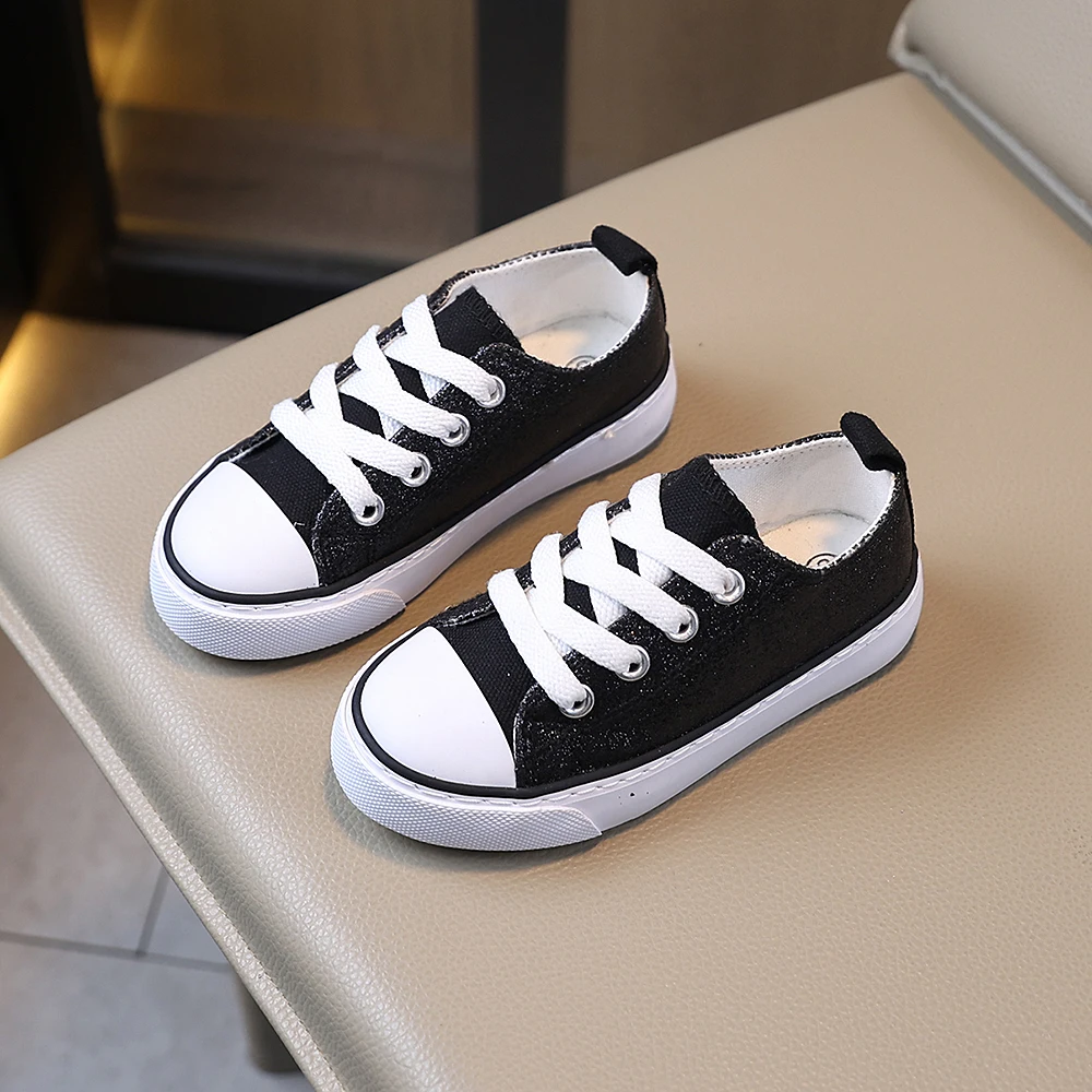 

COMFY KIDS Kids 3-12 Years Black Glitter Minimalist Low Top Canvas Shoes Lace-Up Pull Tab All-Season Wear Soft Comfortable School Playdates Casual Shoes