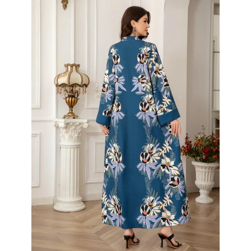 Robe longo feminino muçulmano com temperamento elegante impresso saia longa com incrustação de diamante abaya dubai 2025 primavera novas roupas