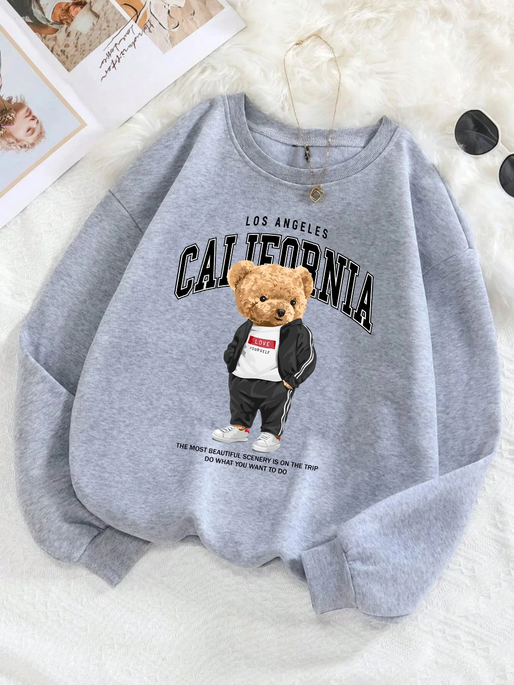 Fashion Women\'S Sweatshirt California Los Angeles Letter Bear Printed Pullover Soft Breathable Loose Hoodie Autumn Streetwear