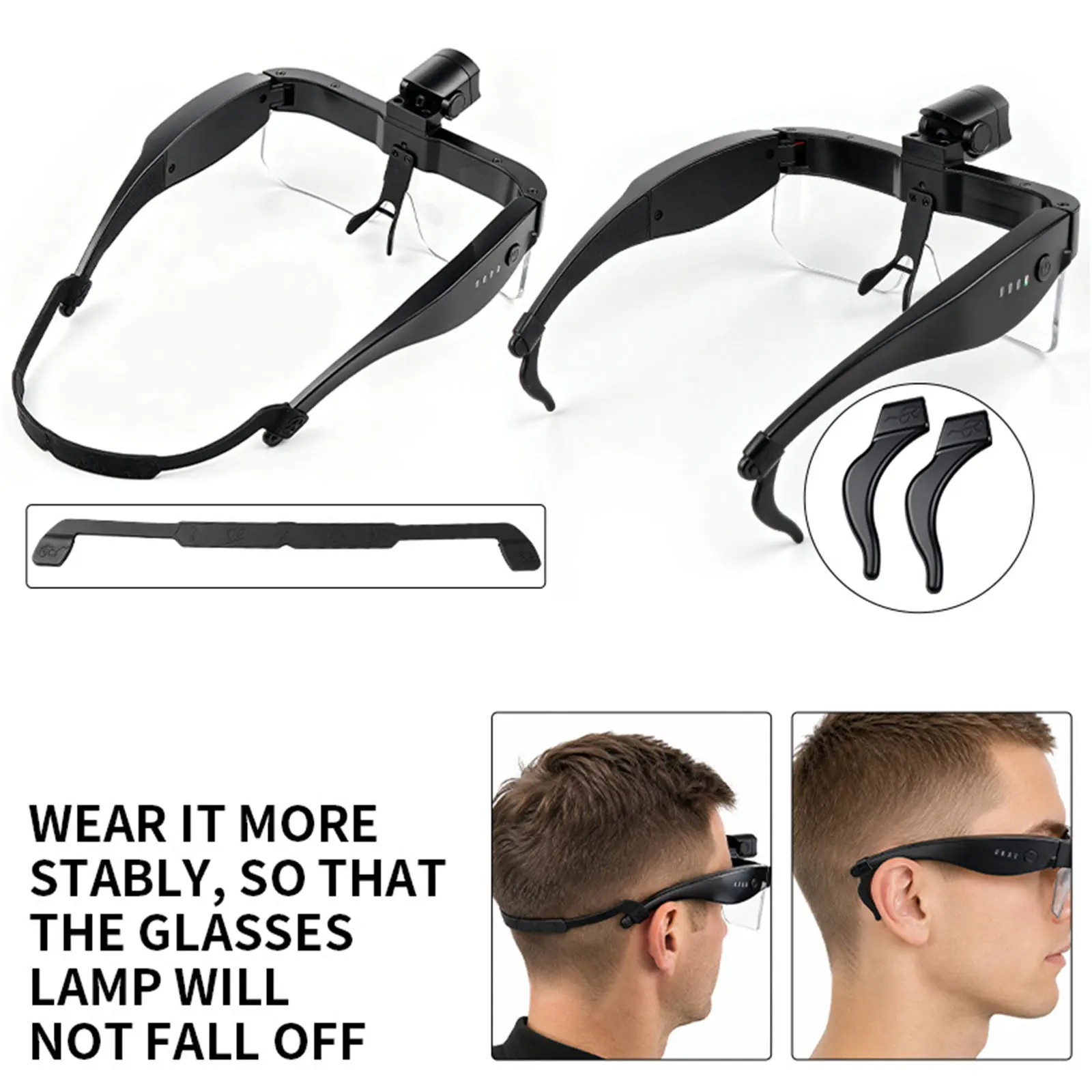 Rechargeable LED Glasses Headlamp COB Wide Angle Flood Type-C 5 Modes 200-300LM IPX4 Dual Source Outdoor Fishing Work