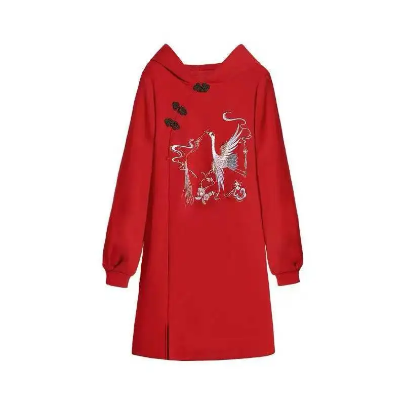 Embroidered Red Hooded Hoodie Improved Hanfu New Year's Clothing 2026 Winter Chinese Thick Velve Women Red Hoodie Dress view 2
