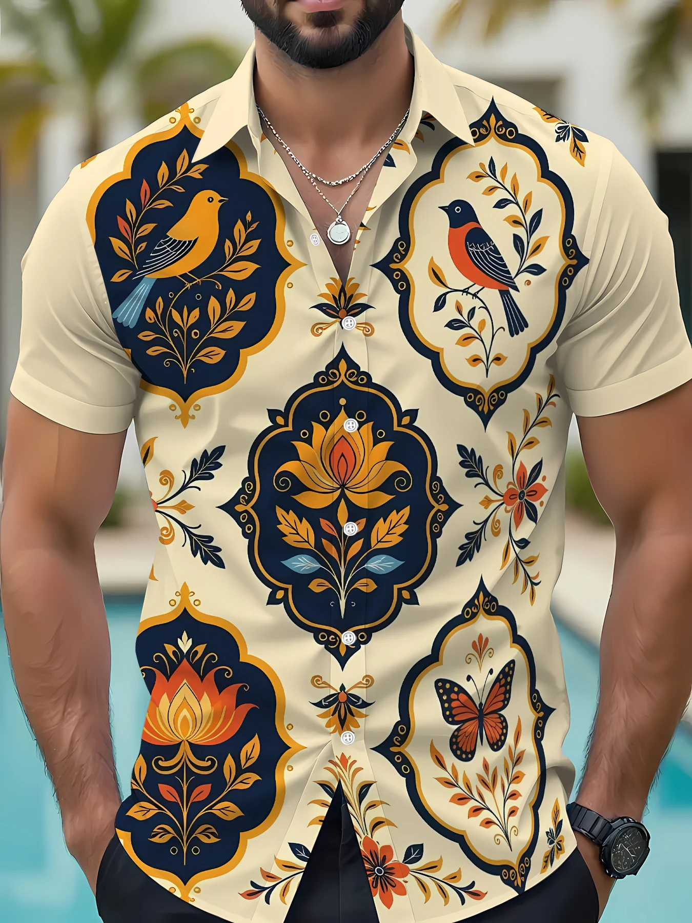 Summer Retro Ethnic Style Flower Bird Butterfly Print Men's Loose and Breathable Casual Shirt