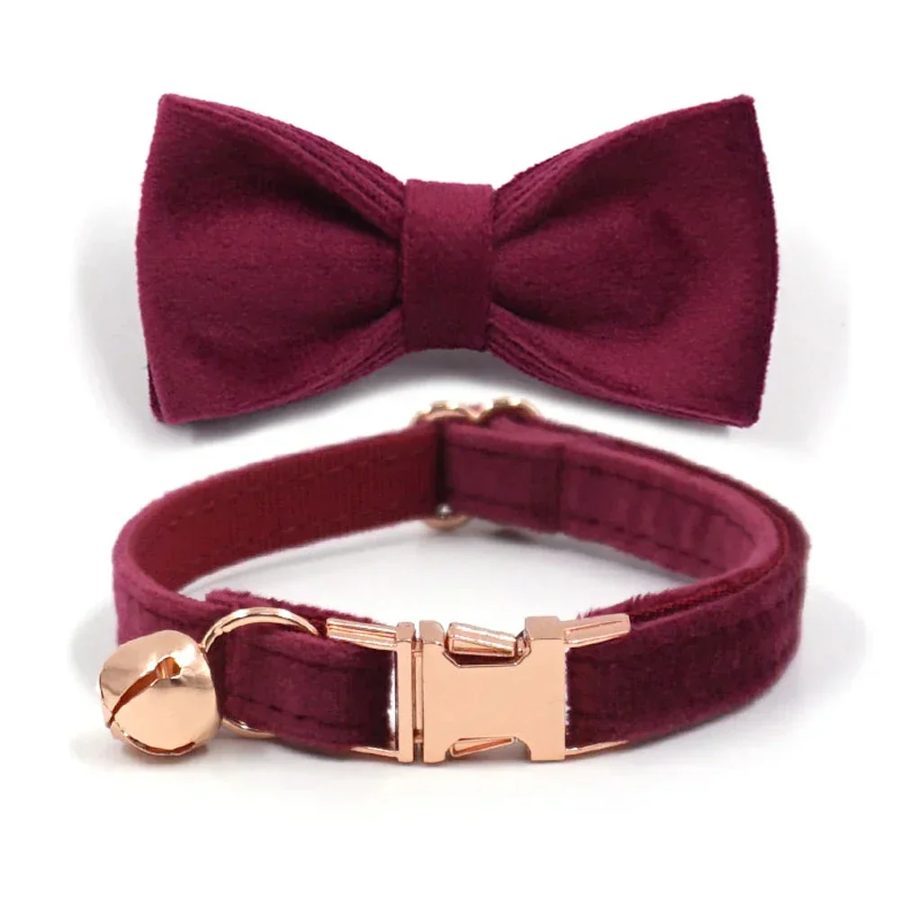 Burgundy Thick Velvet Cat Collar with Bell Removable Bow Tie Collar for Small Dogs Personalized Name Luxury Pet Accessories Gift