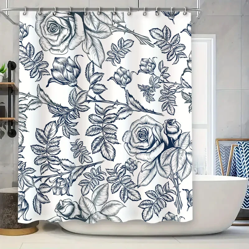 

Винтажная занавеска для душа с цветочным принтом и черным чернильным принтом листьев роз идеально подходит для вашего декора ванной комнаты!
