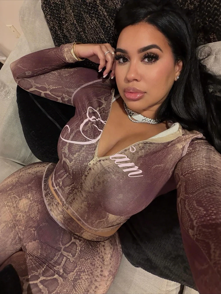 이상한 뱀 무늬 트랙수트 2피스 세트 여성용 레터 패치워크 지퍼 재킷+바지 매칭 캐주얼 스트레치 슬림 스트리트 의상