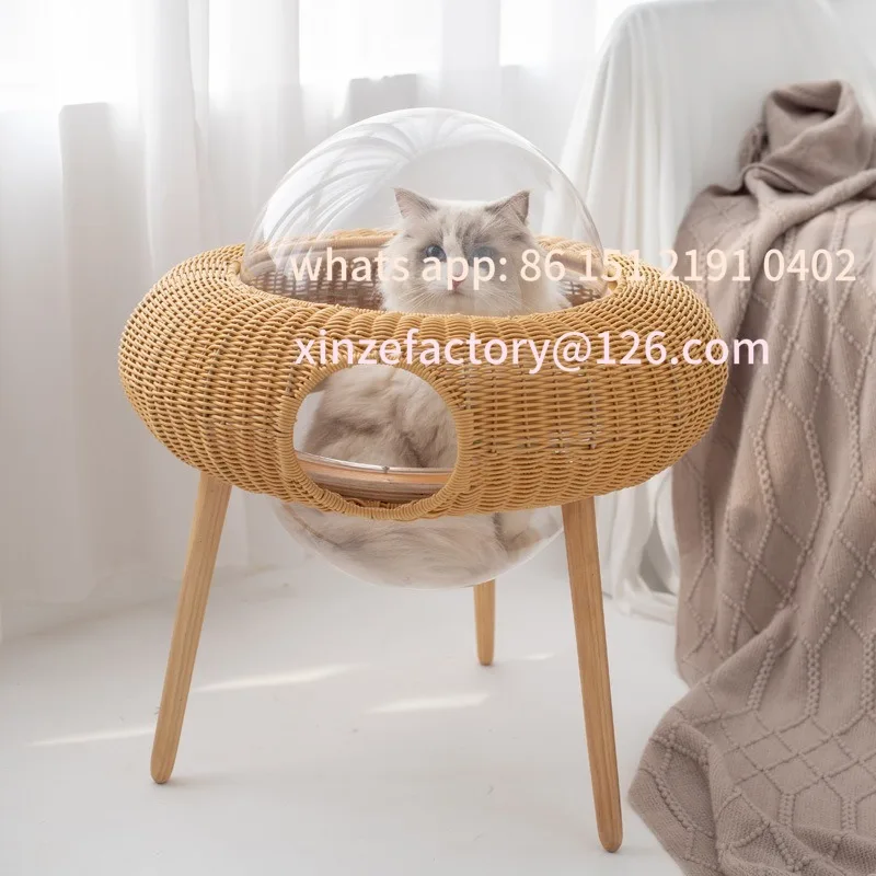 

Customizable handmade straw cat hanging basket transparent space capsule flying saucer rattan cat nest