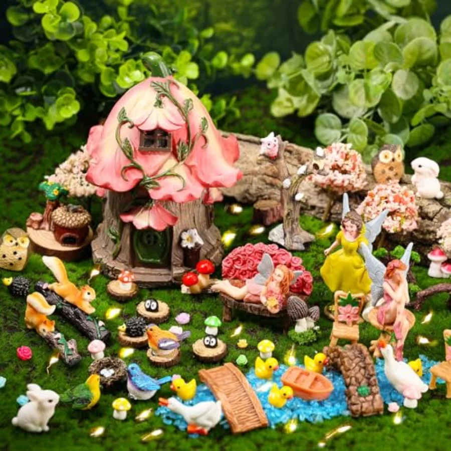 

93 Pcs Fairy Garden House Resin Accessories Fairy Elves Kit Miniature Fairy Figurines Ornaments Animals Decor Outdoor for DIY D