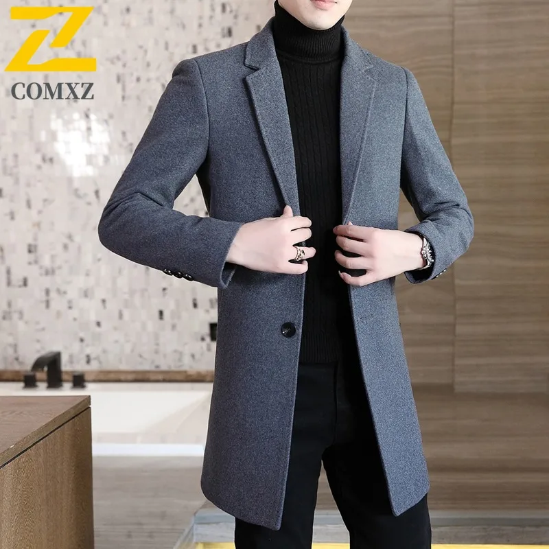 COMXZ Mens Wool Coat Korean Trend Long Cashmere Coat Autumn Winter Thick Wool Trench Coat