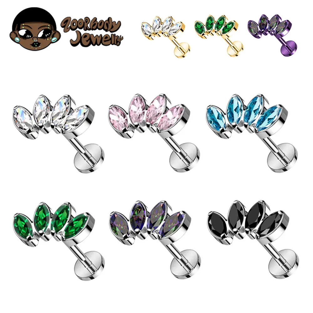 

ASTM F136 Titanium Marquise Lotus CZ Labret Piercing 16G 18G Tragus Helix Cartilage Conch Earring ZOOR Body Piercing Jewelry