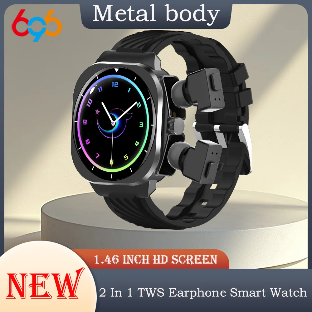 

1,46-дюймовые наушники 2 в 1, умные часы, металлический корпус, IP68, водонепроницаемый контроль жестов, спортивная фитнес-гарнитура с пульсометром, умные часы