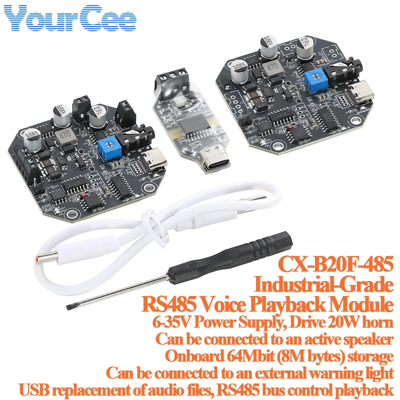 RS485 Voice Playback Module Industrial-Grade Serial Port 20W 2A MP3 WAV Audio Broadcast Board USB Download Files CX-B20F-485