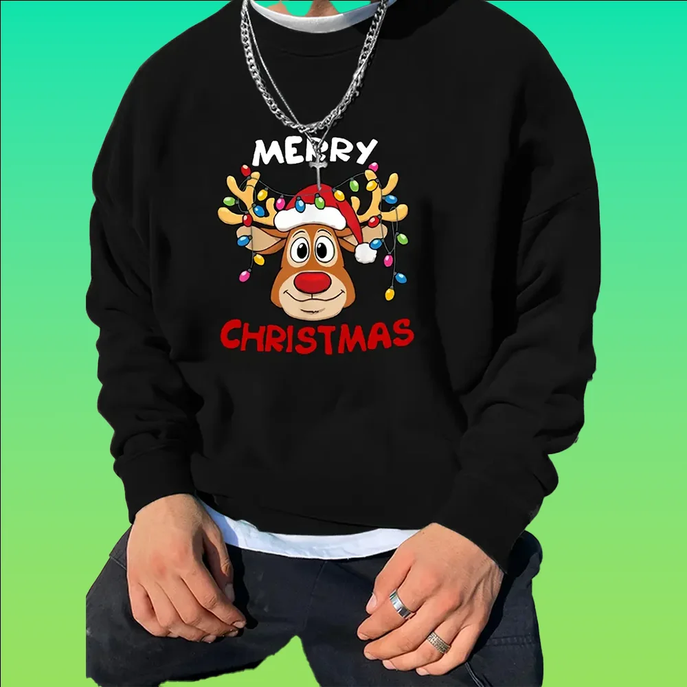 

Fashionable men's casual Christmas reindeer print long sleeve crew neck sweatshirt, suitable for outdoor sports autumn and winte