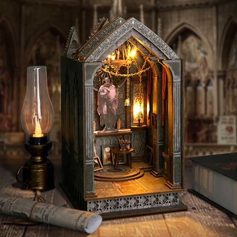 

Деревянный кукольный домик, 3D головоломка, сборка, модель здания, подставки для книг, сделай сам, книжный уголок, полка, вставка, комплект, подставки для книг с мебелью, светодиодные подарки