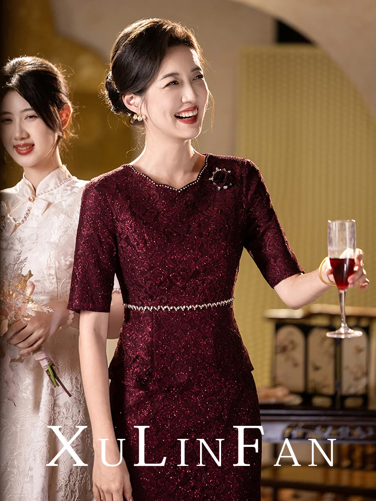 

October Wedding Dr Traditional Chinese Sle Mom Wedding Suit Luxury Sensation ort Sve Mid-Length for Women...