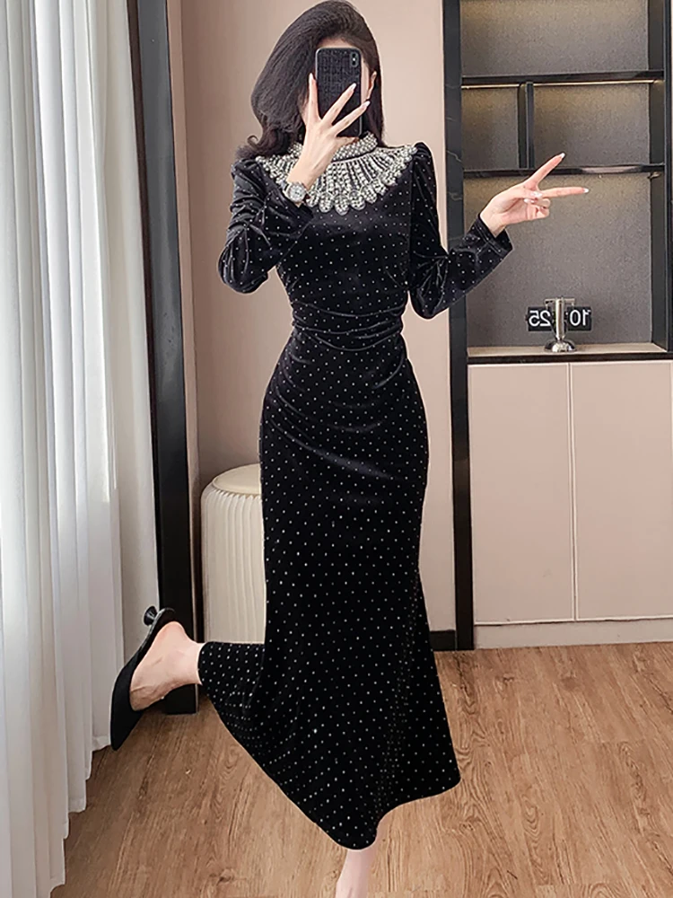 Women Korean Vintage Luxury Party Vestidos Autumn Winter Black