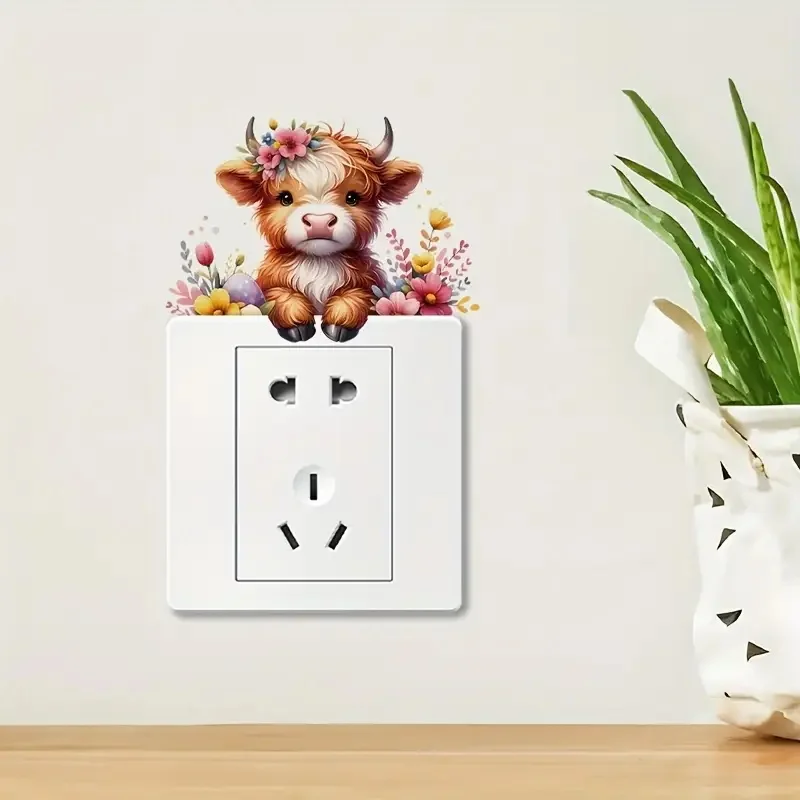 Highland Cow Flower and Switch Stickers Stickers Decoration for Living Room, Wall, Bedroom