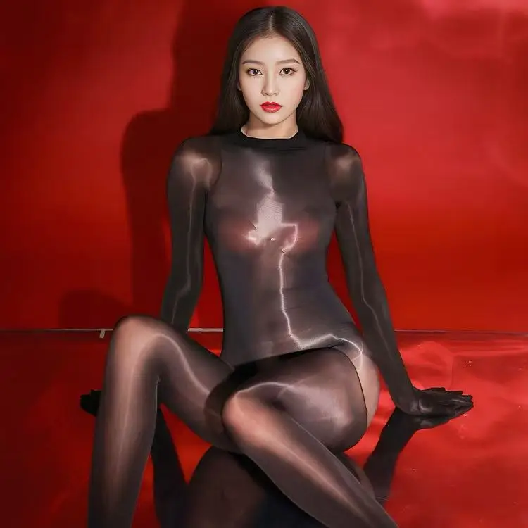 

Sexy Full Bodystockings Women Open Crotch Silky Ultra-Thin Large Size Transparent Elastic Jumpsuit With Five Fingers Gloves