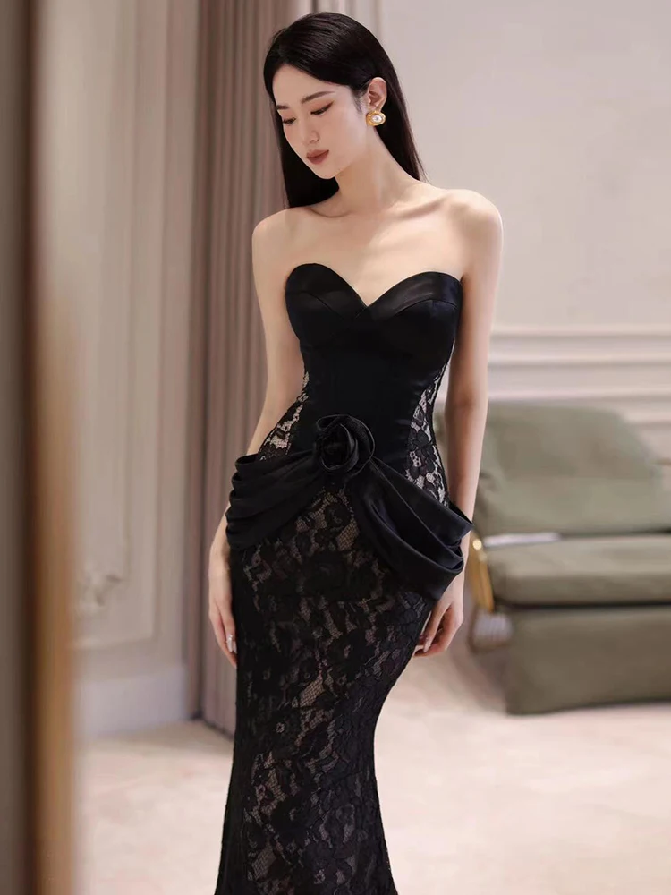 

Элегантное черное кружевное свадебное платье для торжественного приема, длинное вечернее платье с бретелями, корейский стиль, с цветочной вышивкой, на заказ