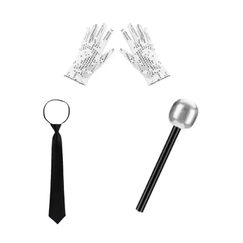 Conjunto de Acessórios de Fantasia de Estrela Pop com Chapéu de Lantejoulas, Gravata, Luvas e Microfone para Halloween