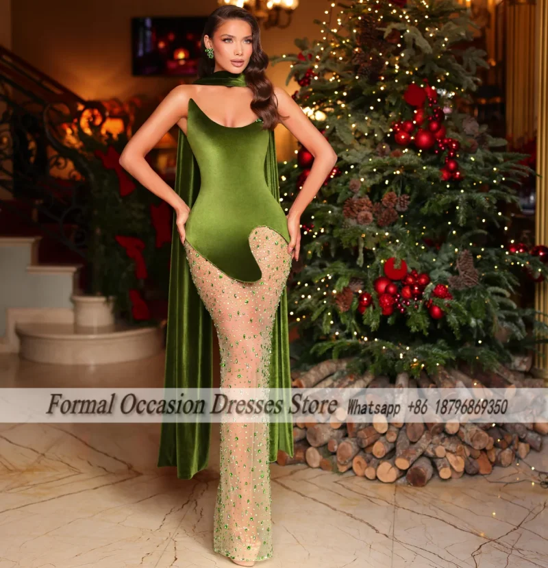 

Stylish Green Evening Dresses For Women Rhinestones Wedding Party Dress With Shawl Vestidos De Gala Mermaid Prom Gown Customized