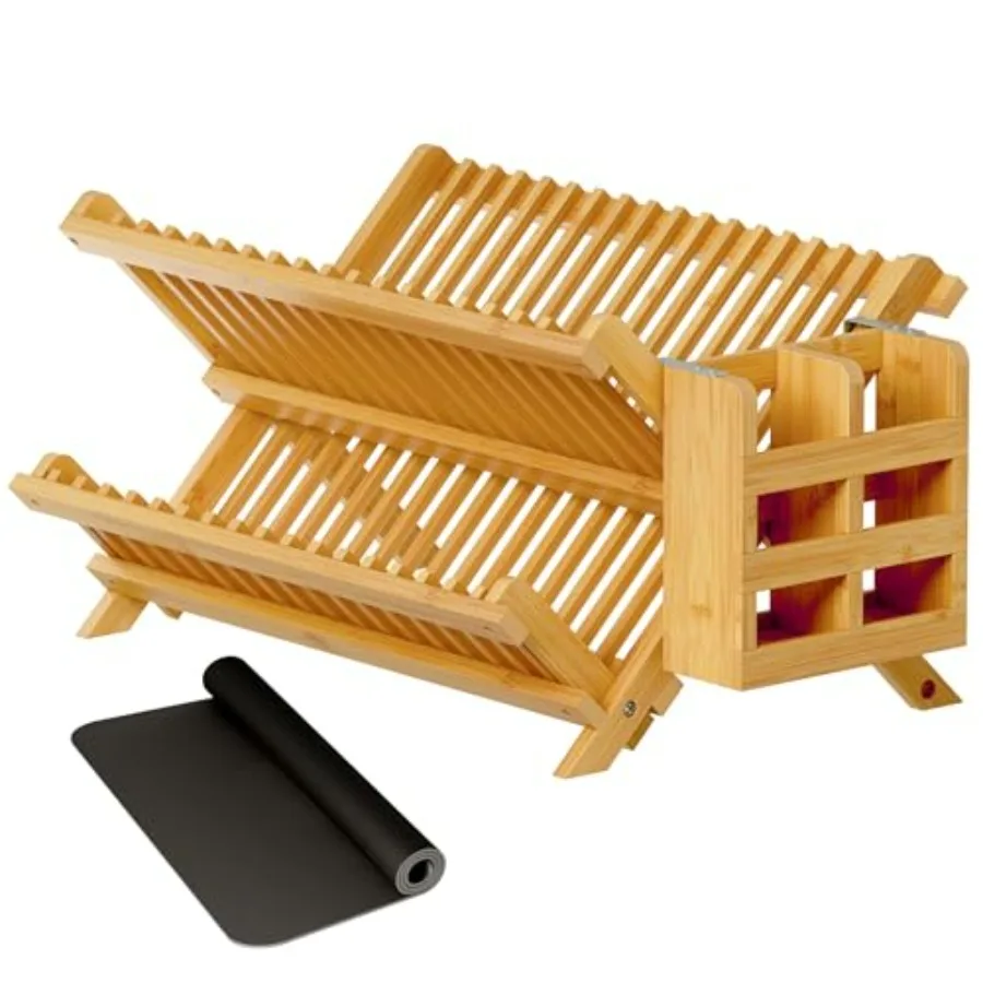 

Бамбуковая сушилка для посуды с подставкой для столовых приборов, 2-уровневая, складная, деревянная, для кухонной столешницы, с поддоном