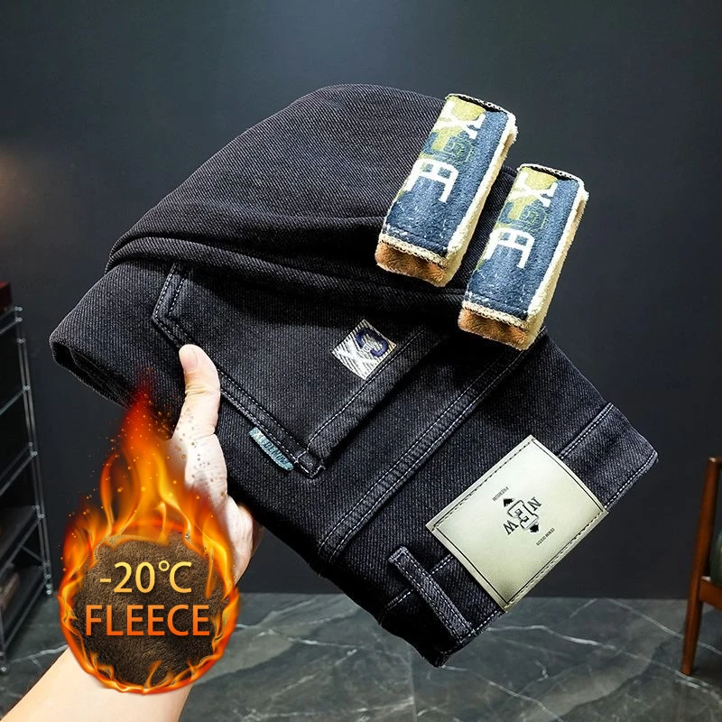 الخريف الشتاء الصوف الجينز الرجال شارع العليا مستقيم سميكة المخملية بانت موضة الدافئة عادية الصوف أفخم الجينز السراويل