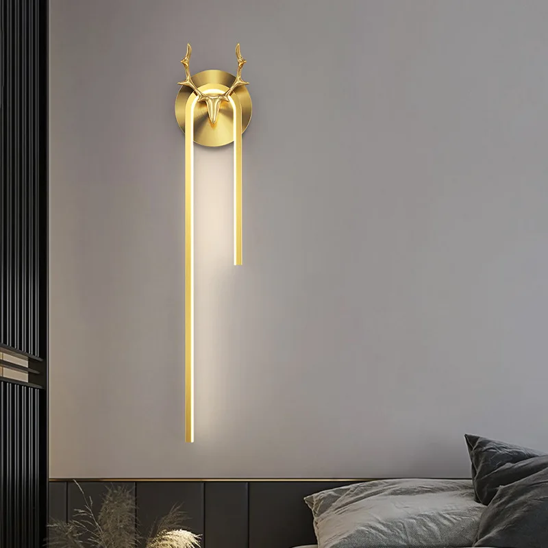 Postmodern Minimalist Long Strip All Copper LED Wall Lamps Creative Antler Wall Sconces Entrance Bedside Corridor Aisle Lighting