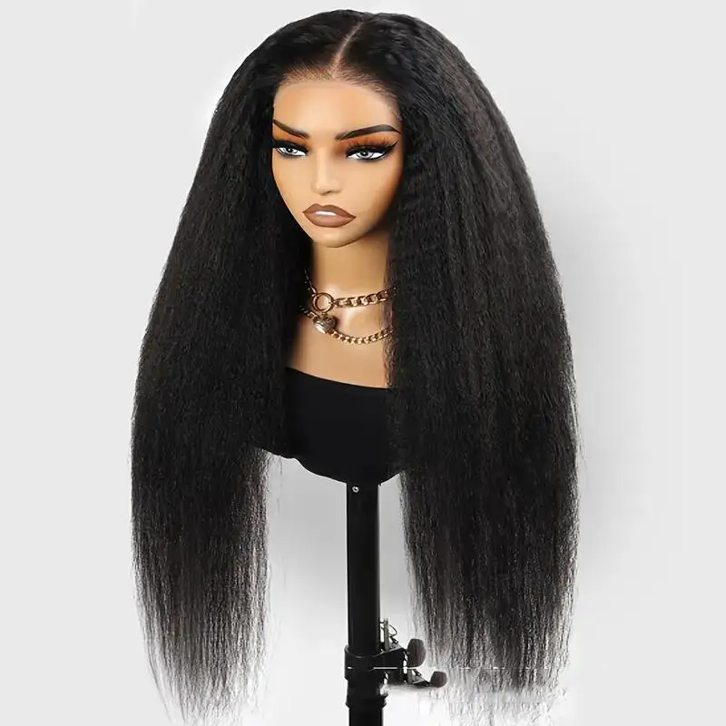 부드러운 야키 26인치 긴 내추럴 블랙 킨키 스트레이트 레이스 프론트 가발 (여성용, 합성 섬유, 앞머리 뽑아낸 상태, 접착제 필요 없음, 베이비 헤어, 데일리 사용)