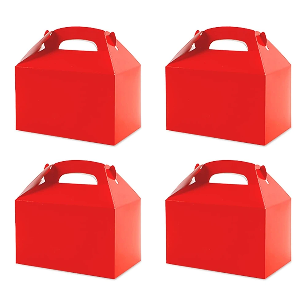 

50 Pcs Party Treat Boxes White, Candy Boxes Party Favors with Handle Paper Cookie Gift Bags Gable Boxes Red