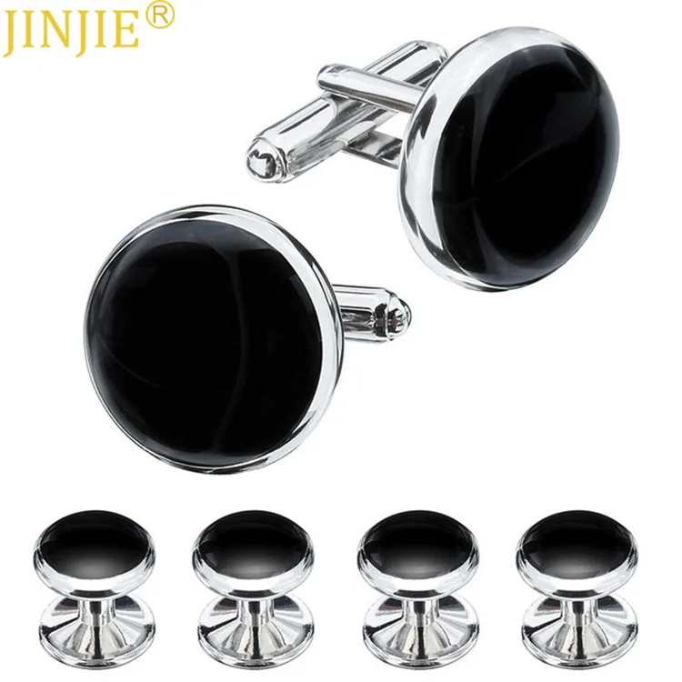 Black Onyx Cufflinks Set with 4 Shirt Stud for Mens Wedding Gifts Brand Button High Quality Classic Luxury Business Cufflinks