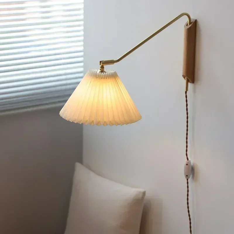 

Japanese Retro LED E27 Wooden Wall Lamp Pleated White Fabric Lampshade Bedroom Living Room Kitchen Restaurant Rocker Arm Sconces