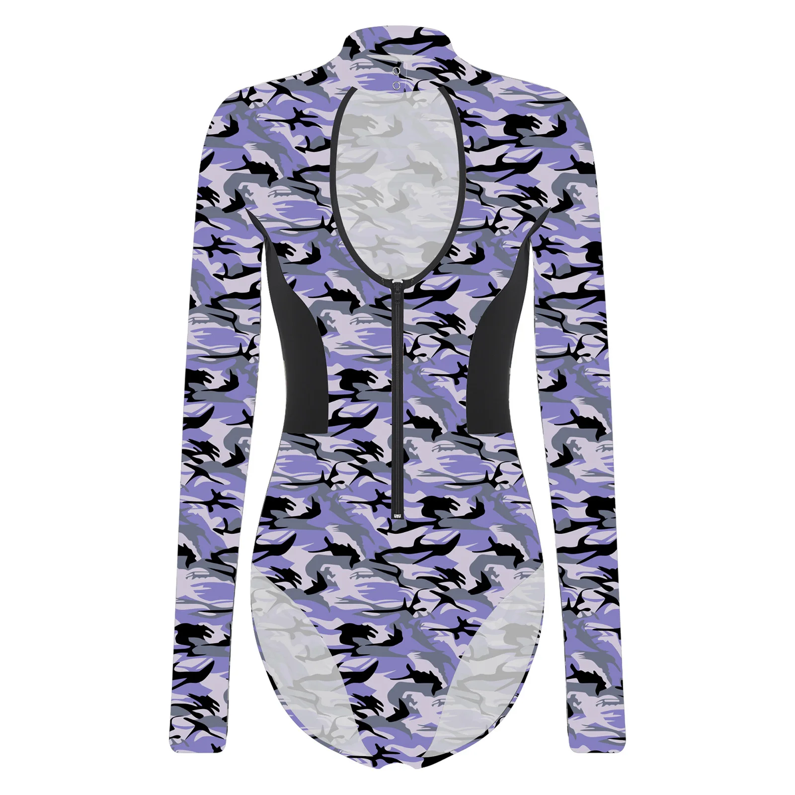 

Women One Piece Camouflage Bodysuit Long Sleeve Front Cutout High Cut Jumpsuit Paratrooper Veteran Army Cosplay Dress-up Costume