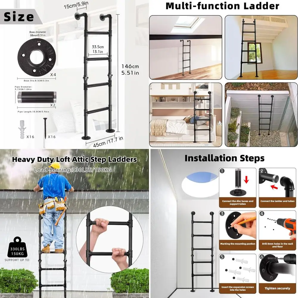 

4.8FT/146cm Bunk Bed Ladder, Wall to Floor-Mounted Basement Window Well Egress Ladder, Wrought Iron Loads 330lbs, Indoor Outdoor