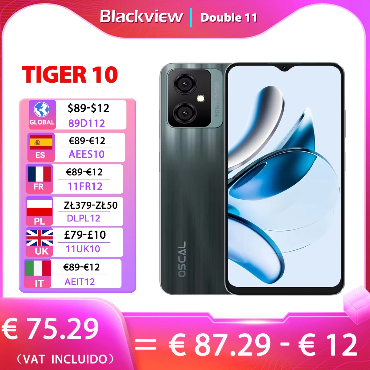 Blackview OSCAL TIGER 10 6.56'' HD+ Display Smartphone 16GB(8+8) 256GB,Octa-Core Android 13,50MP 5180mAh Cellphone 90Hz