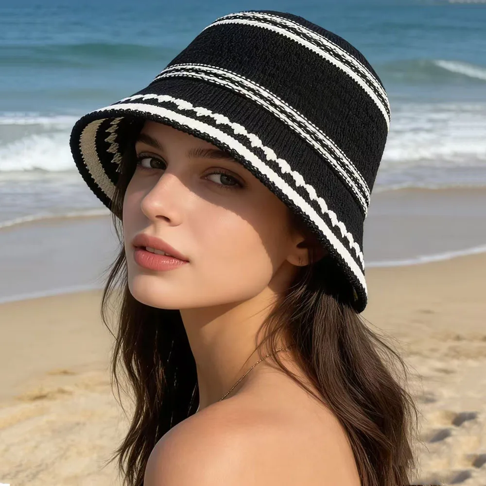 

Korean Fashion Stripe Summer Bucket Hat for Women Thin Breathable Hollow Out Simple Foldable Holiday Sun Hat Versatile Panama