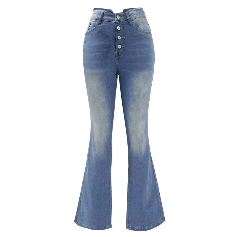 High Waist Blue Flared Jeans Women Skinny Button Streetwear Vintage Jeans Fashion Trouser Patchwork Button Pocket Clothes